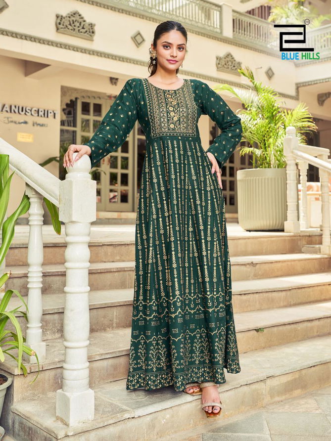 Inaya By Blue Hills Rayon Embroidery Anarkali Kurtis Wholesale Shop In Surat